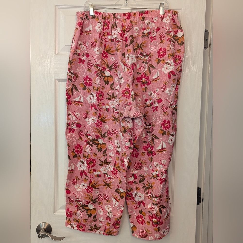 Match Linen Tropical Capri Pants Pink Floral Elastic Waist Wide Leg Beachy Sz 2X